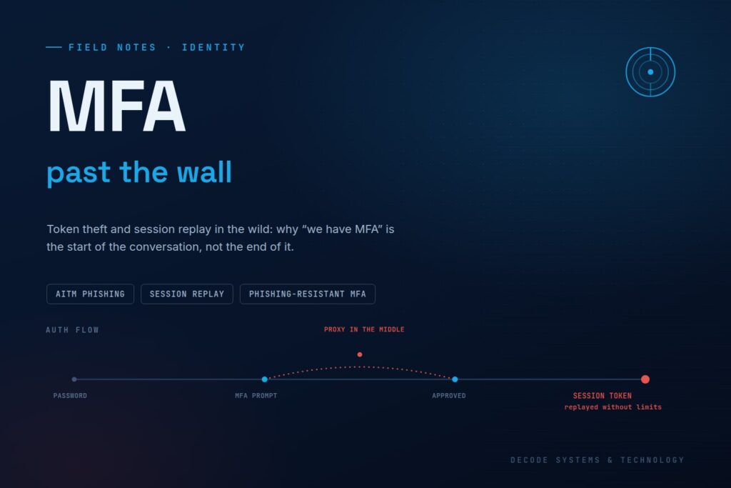 Past the MFA wall — an auth flow diagram showing a proxy intercepting the session token after MFA succeeds, Decode Systems field note graphic