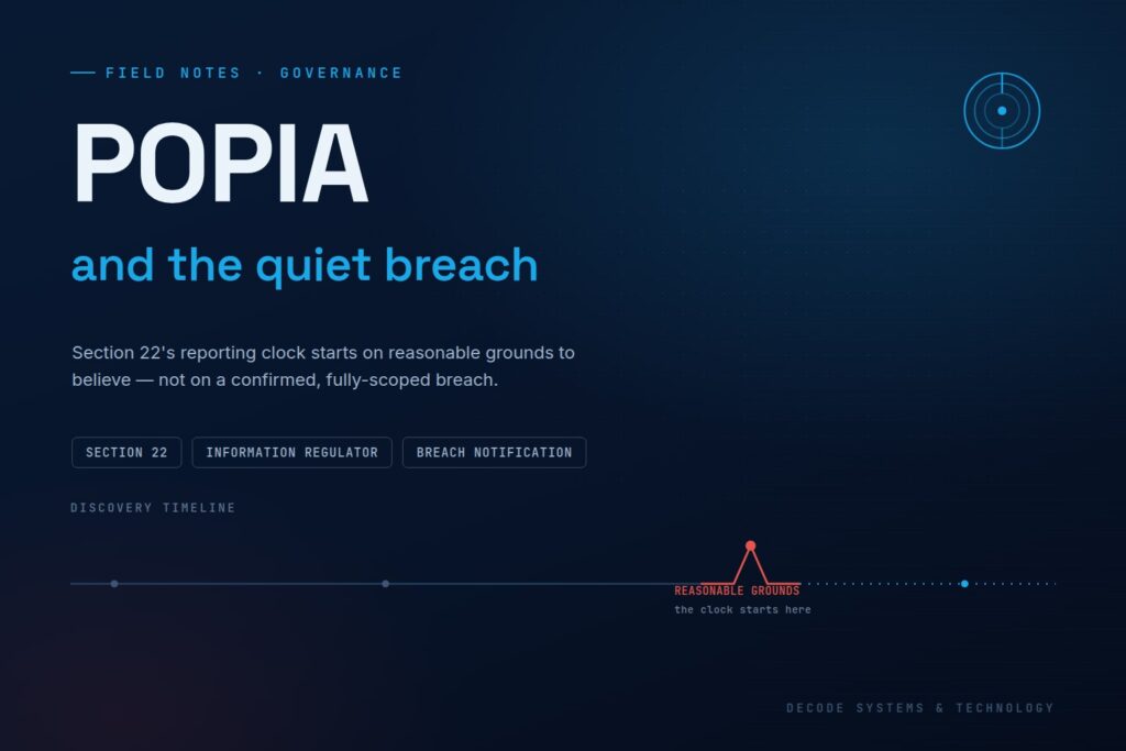 POPIA and the quiet breach — a discovery timeline showing the reporting clock starting at "reasonable grounds to believe," Decode Systems field note graphic